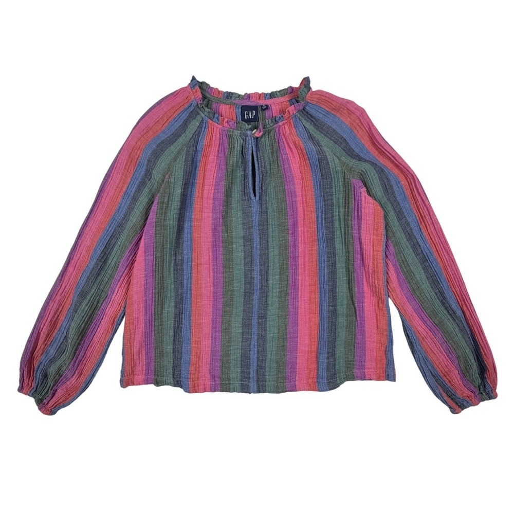 GAP Women Small Multi Color Striped Cotton Gauze Ruffle Neck Boho Blouse Top